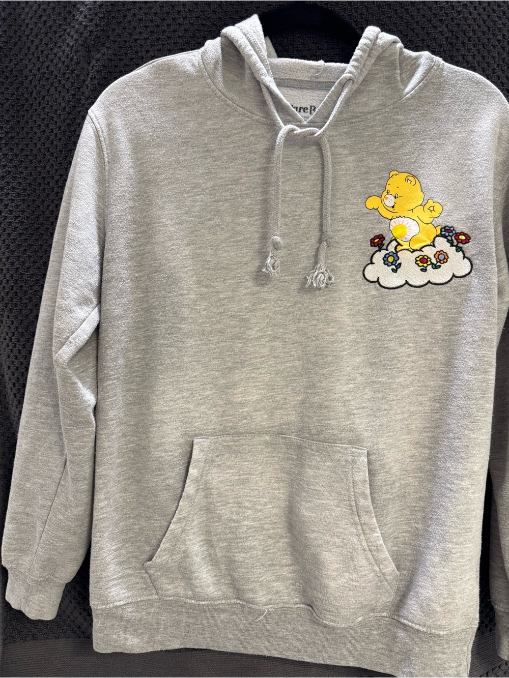 Care Bears Gray Crewneck Hoodie with Yellow Bear Graphic. Embroidery accents.